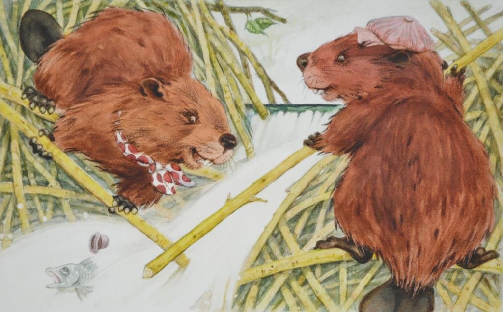 THREE CHILDREN'S ILLUSTRATIONS BY JAMES WATLING: Two illustrations and the cover art for the children's book "Nip and Tuck" by Robert McConnell, (a copy of the book included), watercolour and pencil on paper, unsigned.