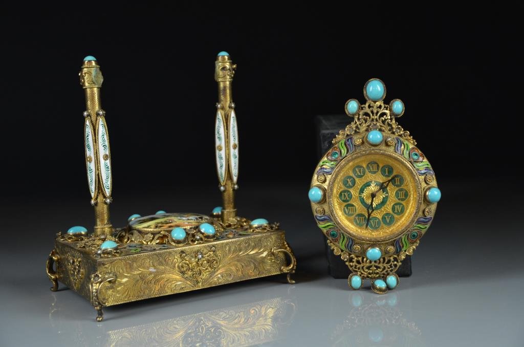 ORNAMENTAL BRASS & ENAMELLED DESK CLOCK (1 of 2)