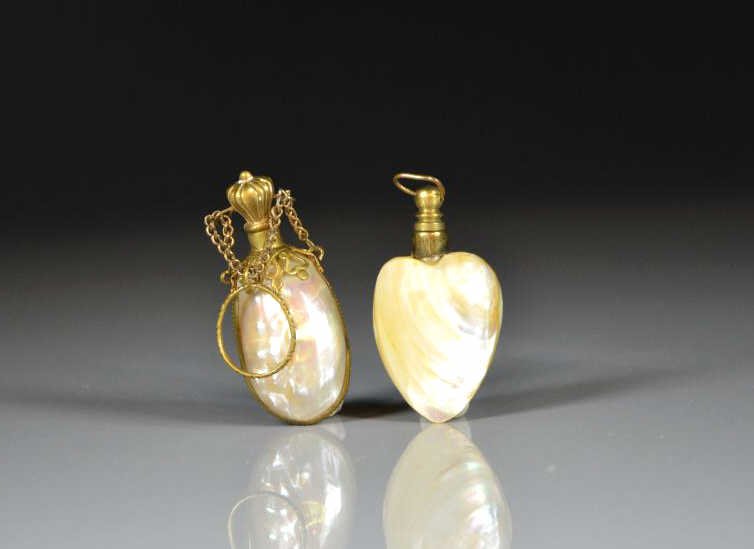 TWO MOTHER OF PEARL & BRASS SCENT BOTTLES (1 of 1)
