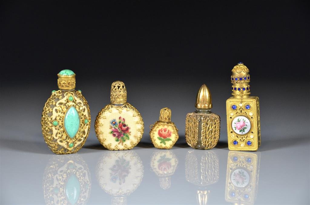 FIVE BOHEMIAN GILT FILIGREE SCENT BOTTLES (1 of 1)