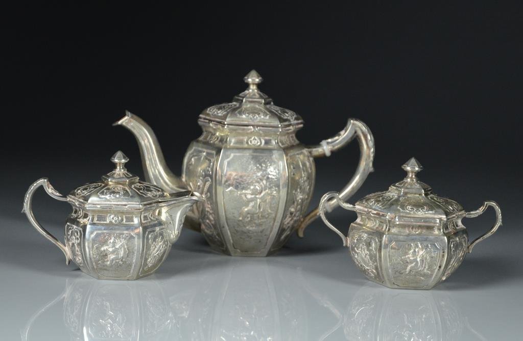 THREE PIECE GERMAN SILVER BACHELOR'S TEA SET (1 of 3)