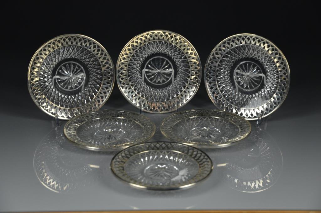 SIX CUT GLASS & SILVER OVERLAY SIDE DISHES (1 of 3)
