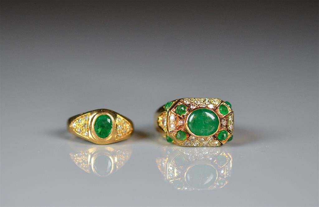 TWO YELLOW GOLD & DIAMOND EMERALD RINGS (1 of 3)
