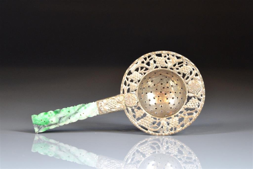 CHINESE SILVER & JADEITE TEA STRAINER (1 of 3)