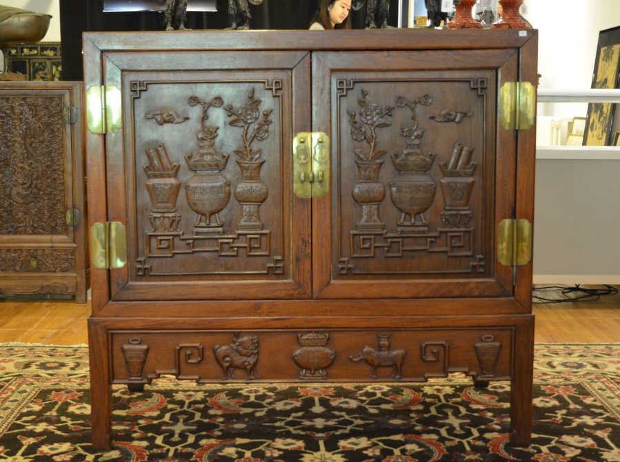 CHINESE CARVED HARDWOOD TWO DOOR LOW CABINET (1 of 1)