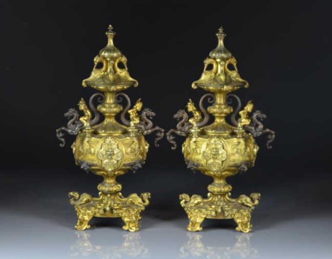 PAIR OF FRENCH PATINATED AND GILT BRONZE URNS (1 of 1)