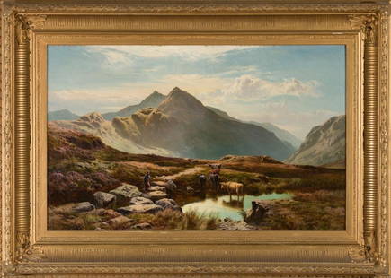 SIDNEY RICHARD PERCY (BRITISH, 1821-1886): Highland Cattle Watering, Oil on canvas, Signed and dated lower left, Size: 24 in. x 38 in. / 60.96 cm x 96.52 cm, Framed: 35 1/4 in. x 49 1/4 in. / 89.54 cm x 125.1 cm