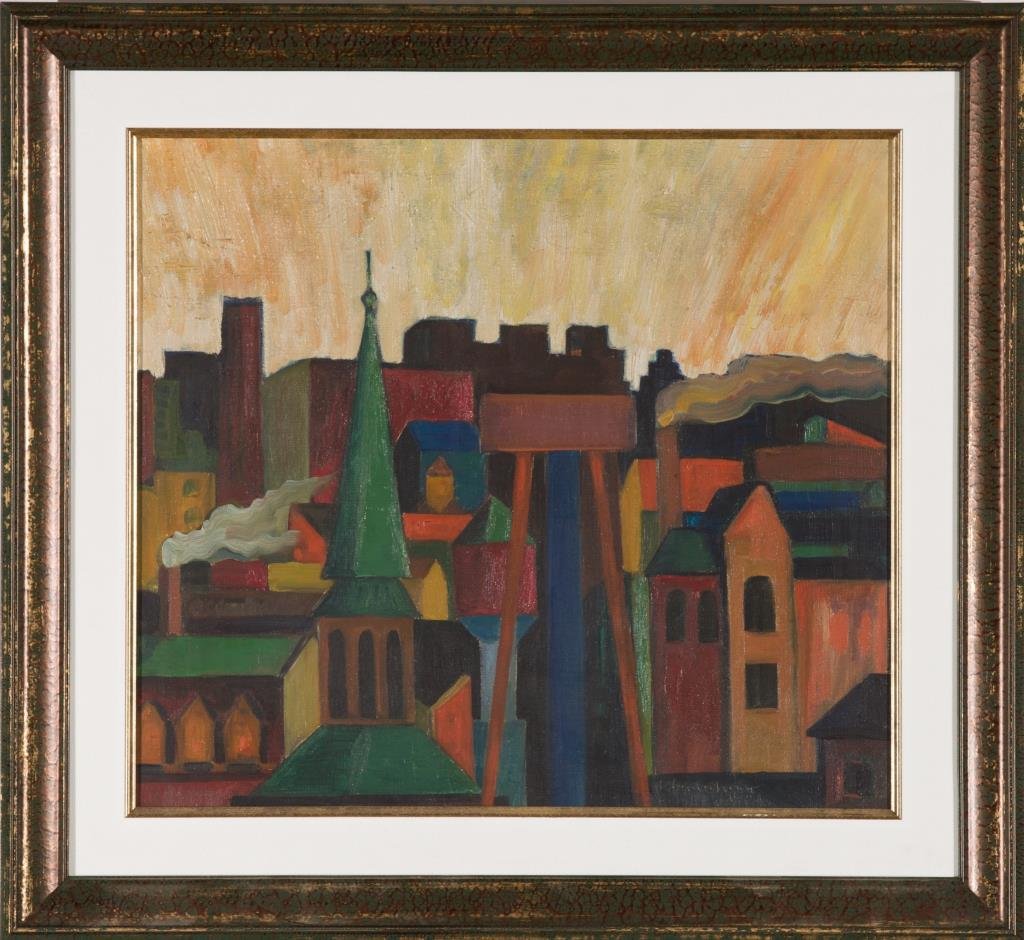 FRITZ BRANDTNER (GERMAN/CANADIAN, 1896-1969): Friedrich (Fritz) Wilhelm Brandtner Cityscape Oil on canvas Signed lower left Size: 16 3/16 in. x 18 3/16 in. / 41.12 cm x 46.2 cm Framed: 21 11/16 in. x 23 9/16 in. / 55.09 cm x 59.85 cm