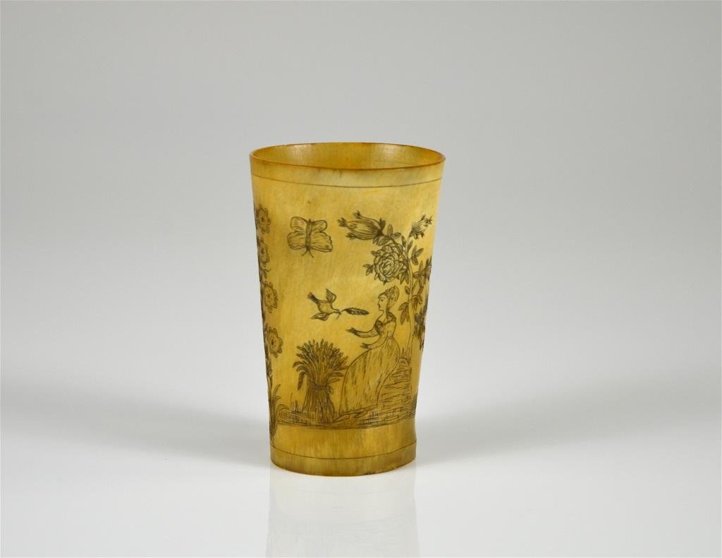 19th C. ETCHED FOLK ART HORN CUP (1 of 6)