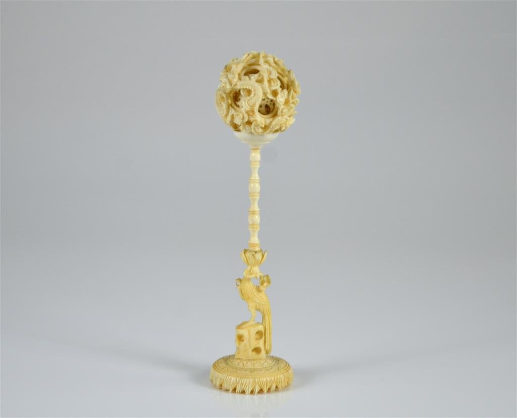 CHINESE CARVED IVORY PUZZLE BALL ON STAND (1 of 1)