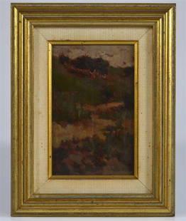 JOHN WILLIAM BEATTY O.S.A. R.C.A. (Cdn, 1869-1941): Summer Landscape, Spain, 1908. Oil on panel. Signed bottom left-hand corner. Size: 6 3/16 in. x 4 1/8 in. (23.34 cm x 10.48 cm). Framed: 9 in. x 7 in. (22.86 cm x 17.78 cm). Also known as: J. W. Beatt