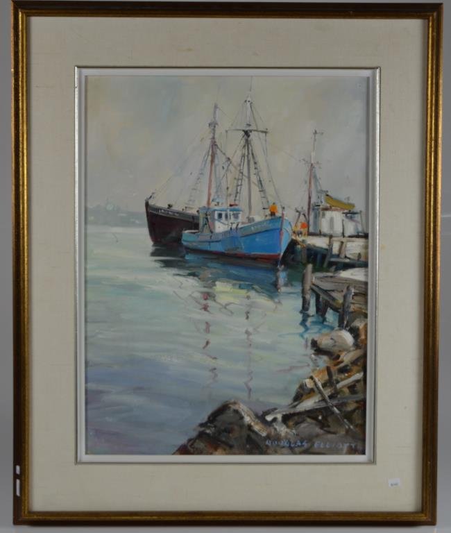 DOUGLAS FERGUSON ELLIOTT (Can. 1916 - 2012): The Little Frank, Gloucester, Mass. Oil on canvas. Signed lower right-hand corner. Size: 24 in. x 18 in. (61cm x 45.7cm). Framed: 32 3/4 in. x 26 3/4 in. (83.2cm x 68cm).