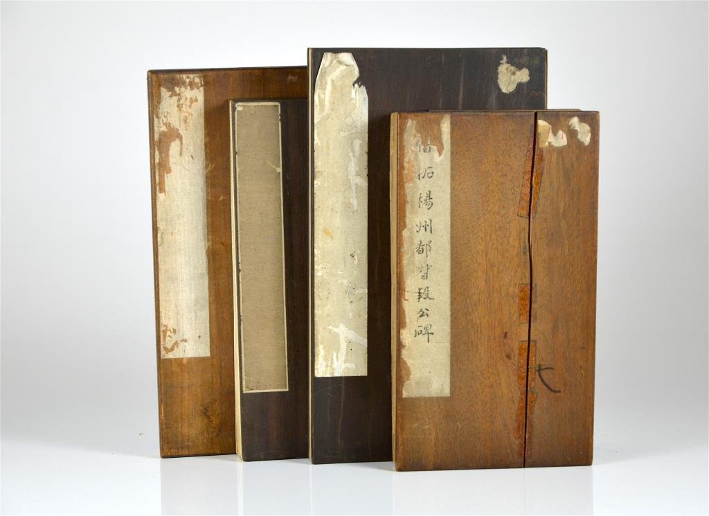 FOUR STONE RUBBING ALBUMS OF TANG DYNASTY STELES: All accordion album with wood boards. The first with 79 pages of rubbing. The second with 65 pages of rubbing. The third with 68 pages of rubbing. The fourth with 52 pages of rubbing and one seal. Lar