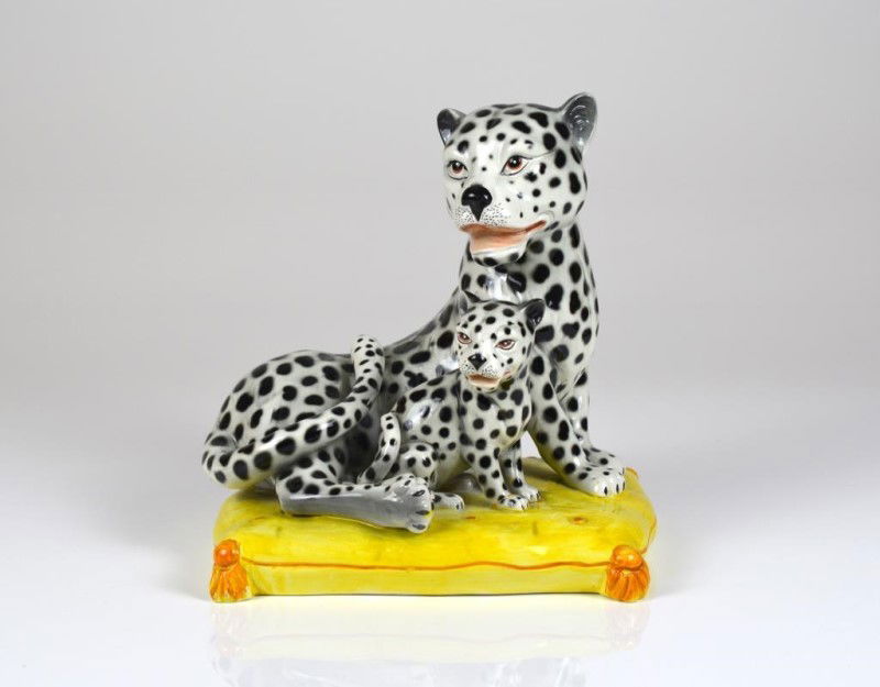 ITALIAN MAJOLICA SEATED LEOPARD FIGURES (1 of 2)
