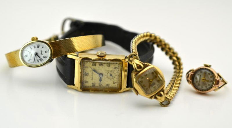 THREE GOLD-FILLED WRISTWATCHES AND ONE RING WATCH: Including two ladies wristwatches, Longines and Bruner, one man's Bulova wristwatch, and a Bulova ring watch.