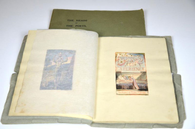 TWO BOOKS BY WILLIAM BLAKE (English, 1757 - 1827): Songs of Experience, and The Heads of the Poets. The pages of Songs of Experience are watermarked with "Ye Monks of Old Antique Note" (Art Nouveau style). Size: 10 1/4 in. x 7 7/8 in. (26.04 cm x 20 c