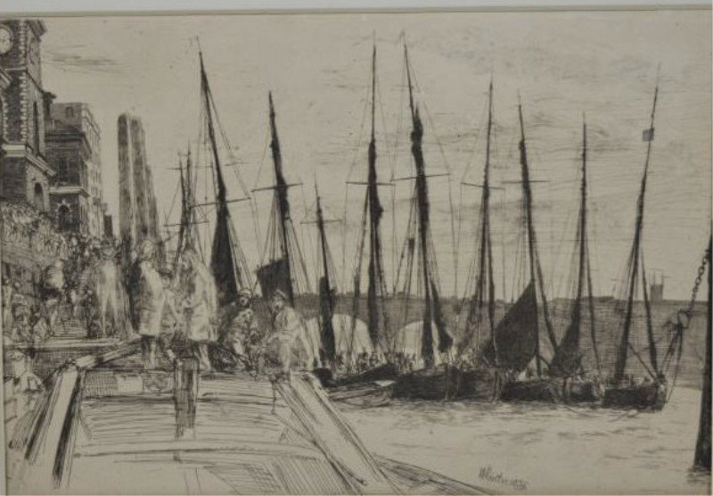 JAMES ABBOTT MCNEILL WHISTLER (American,1834-1903): Billingsgate. Etching. Signed and dated 1859 in the plate. Plate size: 6 in. x 8 7/8 in. (15.24 cm x 22.54 cm).