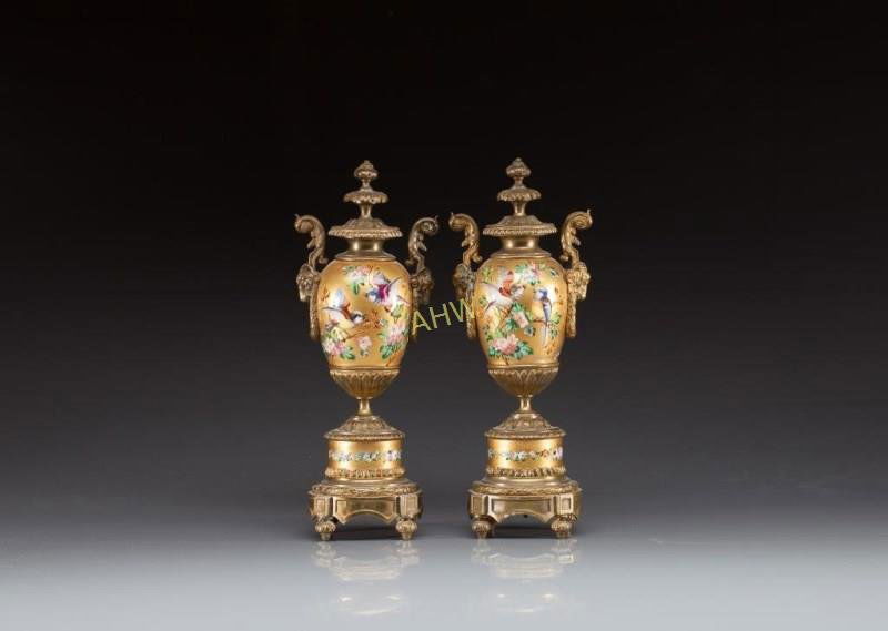 PAIR OF FRENCH PORCELAIN BRONZE MOUNTED URNS (1 of 10)