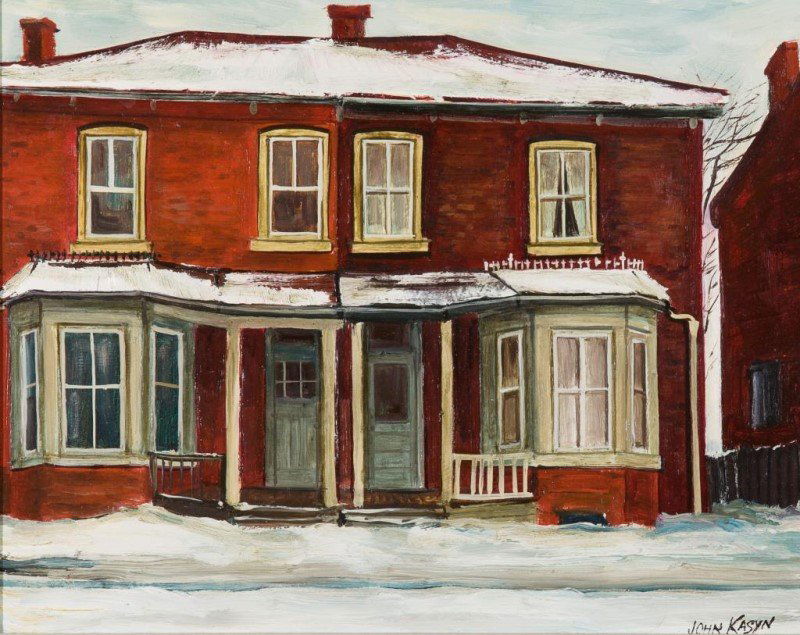 JOHN KASYN (Canadian, 1926-2008): House on York St., Hamilton. Oil on board. Signed lower right. Dated '67 and titled on verso. Size: 10 in. x 12 1/2 in. (25.4 cm x 31.75 cm).Framed: 14 11/16 in. x 17 1/4 in. (37.31 cm x 43.82 cm).
