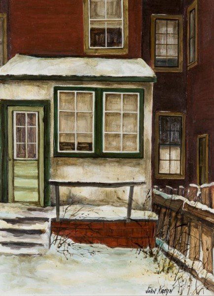 JOHN KASYN (Canadian, 1926-2008): Stucco Lean-to on River Street. Oil on board. Signed lower right. Titled on verso. Size: 15 7/8 in. x 11 7/8 in. (40.32 cm x 30.16cm). Framed: 20 11/16 in. x 16 7/8 in. (52.55 cm x 42.86 cm).