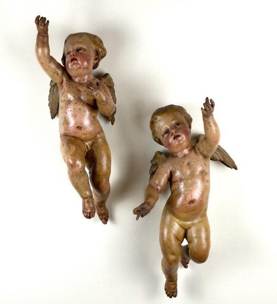 PAIR OF POLYCHROME PAINTED CARVED WOOD CHERUBS (1 of 8)