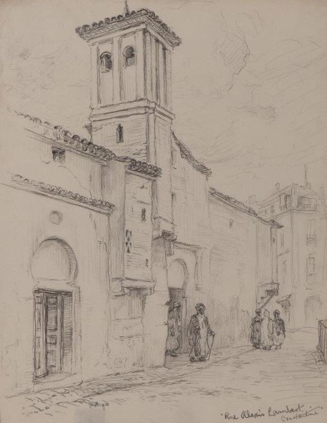 FRANK MILTON ARMINGTON (Canadian, 1876-1941): Rue Alexis Lambert, Constantine. Graphite on paper. Initialed and dated lower left. Titled lower right. Size: 13 1/4 in x 10 7/16 in. (34.9 cm x 26.5 cm).Matting: 20 in. x 16 in.(50.8 cm x 40.6 cm).