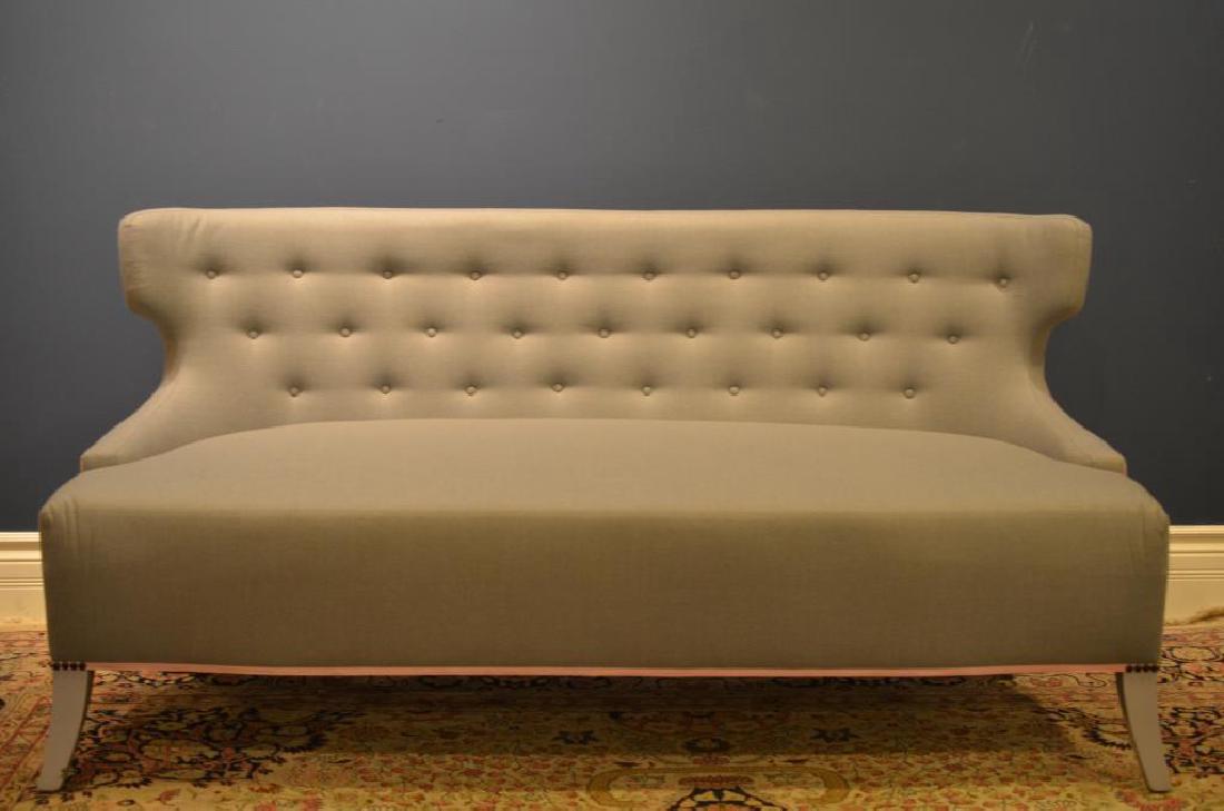 PAIR OF TUFTED UPHOLSTERED SETTEES: In taupe with a striped accent back. each H:32", W:65", D:30"
