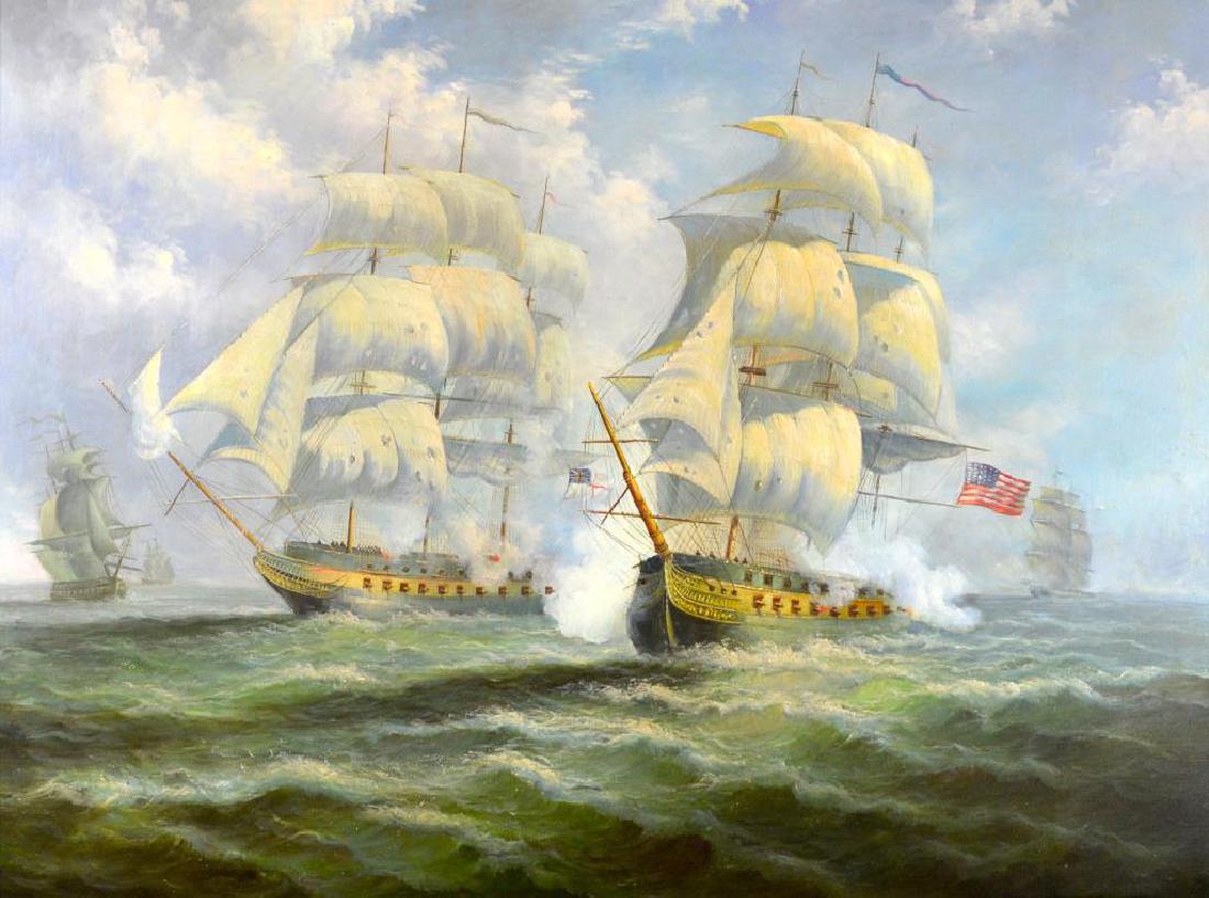 19TH CENTURY EUROPEAN SCHOOL: Ships. Oil on canvas. Size: 30 x 40 in (76.2 x 101.6 cm). Framed: 41 1/2 x 51 1/2 (105.4 x 130.8 cm). Private Collection, British Columbia.