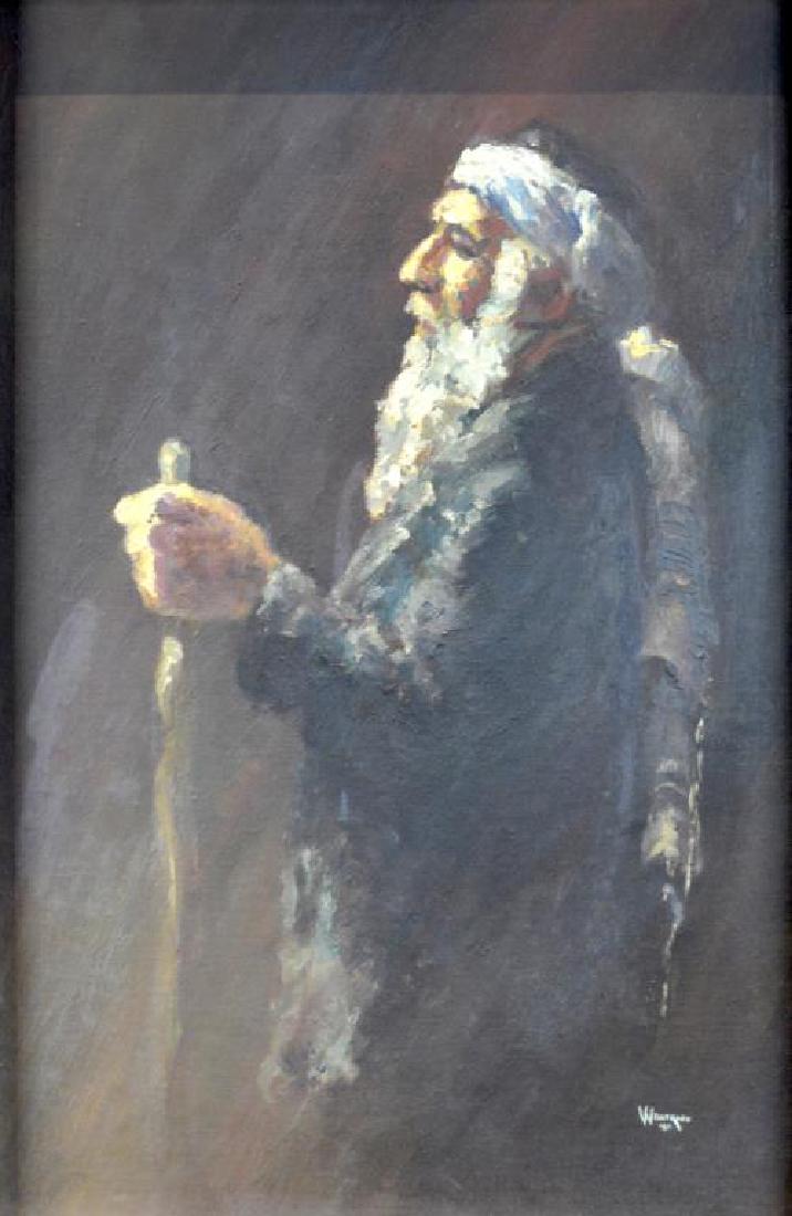 WILLIAM WEINTRAUB (Israeli/American, XX-): Bearded Man with Staff. Oil on board. Signed lower right. Size: 12 x 18 3/8 in (30.5 x 46.7 cm). Framed: 25 1/2 x 19 1/8 in (64.8 x 48.6 cm). Private Collection, Toronto.
