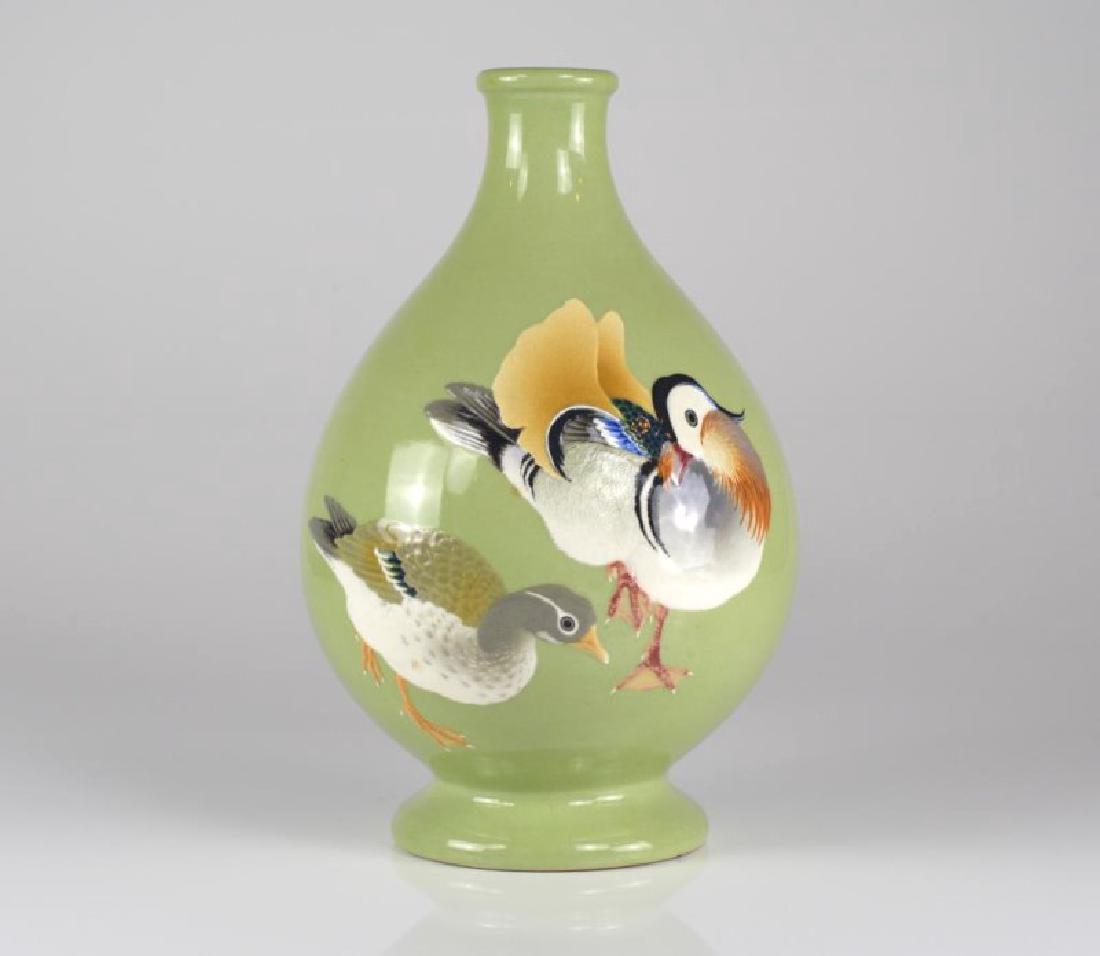 JAPANESE GREEN GROUND POTTERY VASE (1 of 5)