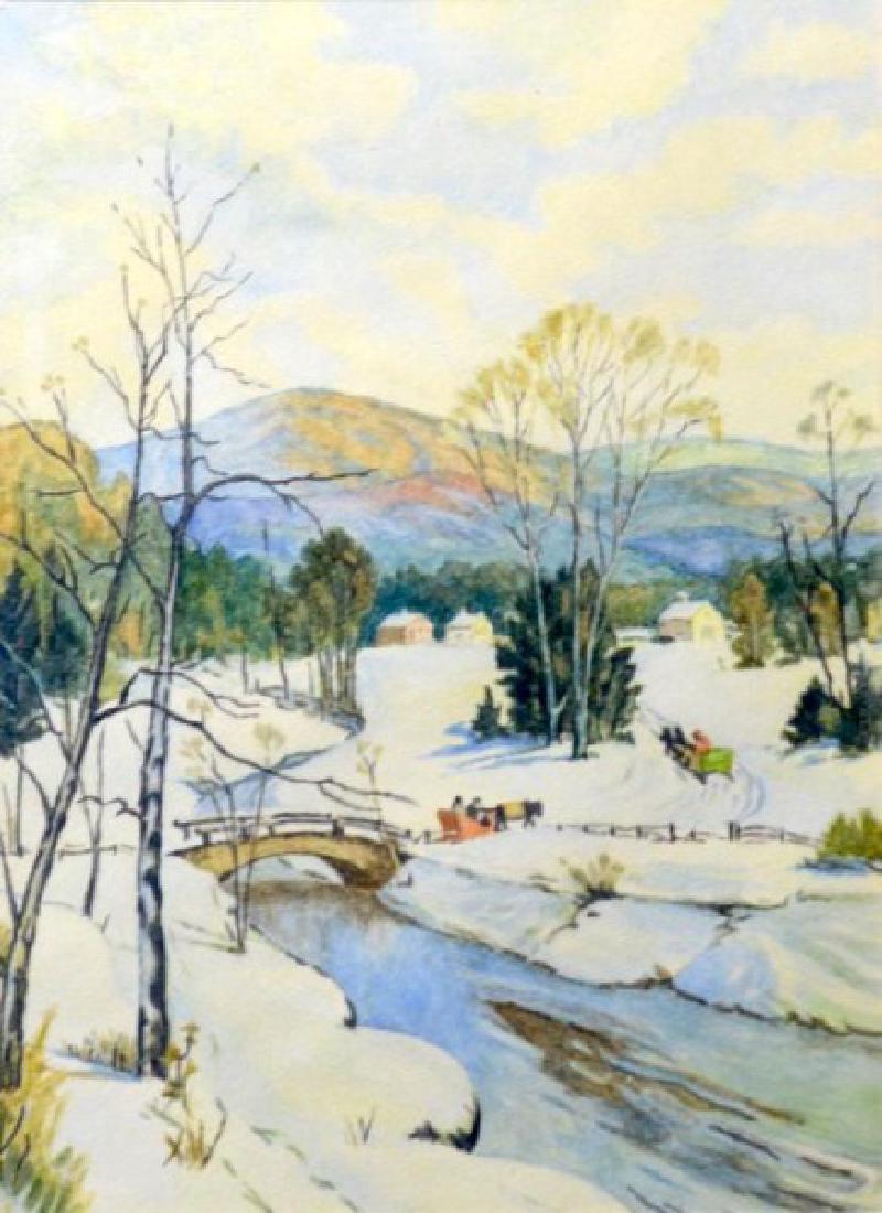 JACOB GREENLEAF (American, 1887-1968): Winter Scene.Watercolour on paper.Size: 12 x 9 in (30.5 x 22.9 cm).Framed: 19 1/8 x 16 in (48.6 x 40.6 cm). Inscription on verso in pen and in graphite: "MARCH 31/49 / J. GREENLEAF/ RUSTCRAFT SERIES/X