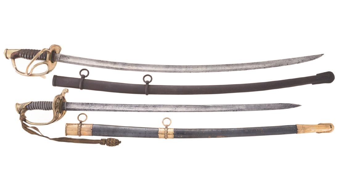 Two American Military Swords with Scabbards: Two American Military Swords with Scabbards 1) U.S. Ames model 1860 light cavalry sword, 41" OAL, 34 3/4" blade marked "K.C./1865", brass hilt, wire wrapped leather grip, iron scabbard. Fair. 2) Offic