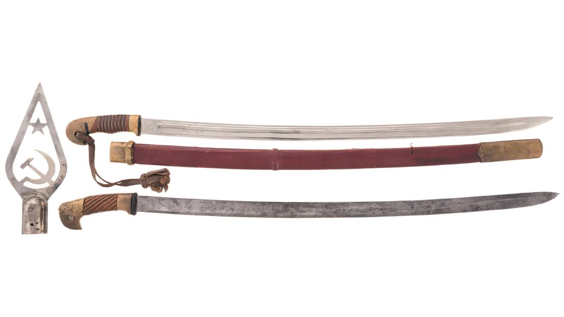 Two Russian Cavalry Swords and a Soviet-Themed Pole: Two Russian Cavalry Swords and a Soviet-Themed Pole Topper 1) Pre-Soviet shashka, 36 1/4" OAL, 30 3/4" blade with Imperial Eagle decoration, wood grip, brass hilt and red leatherette sheath. Good, wit