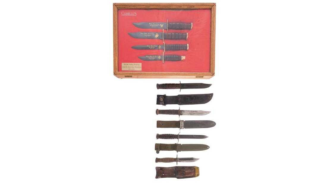 Eight American Military Knives, 4 Commemorative/4: Cased Set of Four Camillus Military Commemorative Knives with Vintage Counterparts The cased set consists of USN and USMC bowie knives, an Army M3 (with "side blade" style markings) and an Air Force s