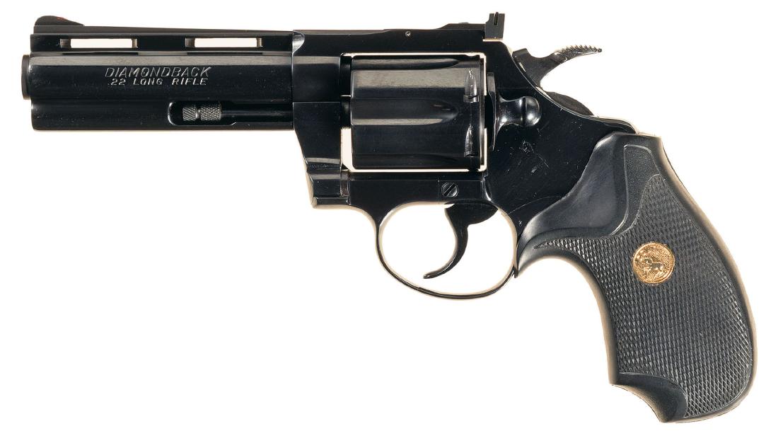 Colt Diamondback Double Action Revolver: Colt Diamondback Double Action Revolver Manufactured 1976. Manufacturer: Colt Model: Diamondback BBL: 4 inch vent rib Stock: Gauge: 22 LR Finish: blue Grips: rubber Serial Number: D91120 Class: Modern