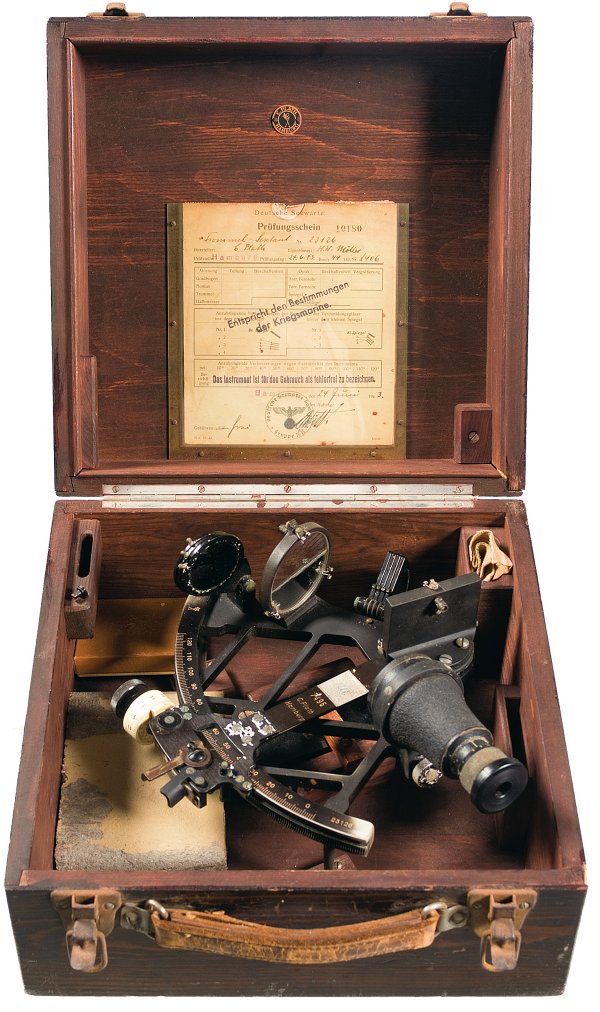 C. Plath Kriegsmarine Sextant with Case: Rare WWII sextant manufactured in Hamburg, Germany by the C. Plath Company and used by the German Navy. Numbered 7496 on the index arm, with a milled off section (normally where the "eagle/ swastika"
