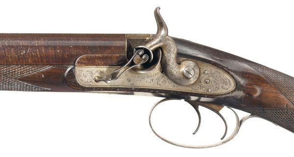 William Moore Tube Lock Double Barrel Hammer S...: This high quality English Tube Lock (pellet primed) shotgun features a single bead sight on the smooth concave solid rib marked "WILLIAM MOORE MAKER, to his MAJESTY, 78 EDGWARE ROAD, LONDON." and a la