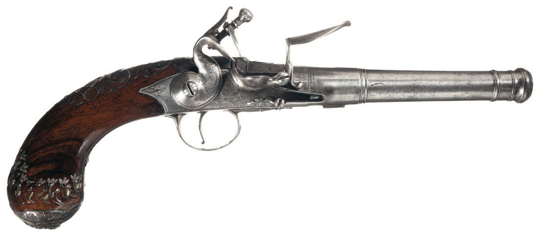Robert Harvey Marked English Engraved Queen Anne Fl: No makers marks or visible proofs. One piece barrel and lower frame with light scroll engraving on the frame, hammer and frizzen, tapered barrel with cannon muzzle and fitted with a one piece walnut g