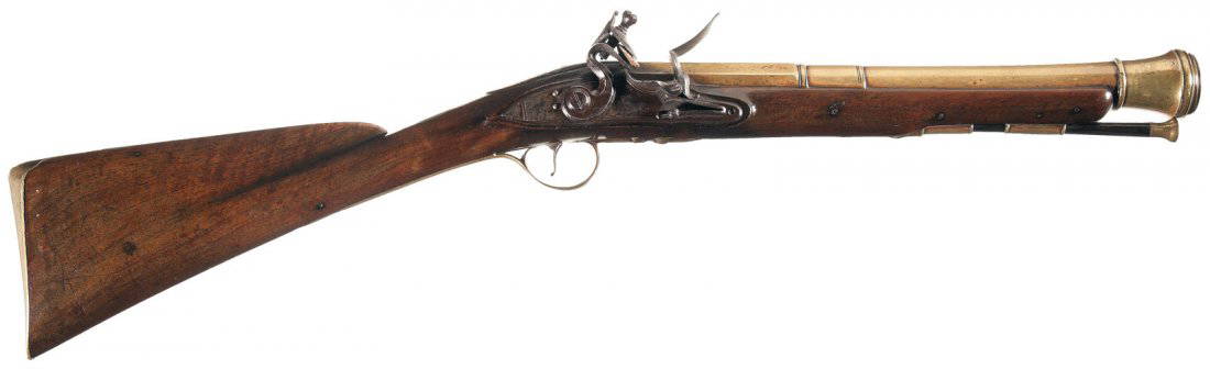 Massive Engraved British Brass Barreled Flintlock Blunderbuss