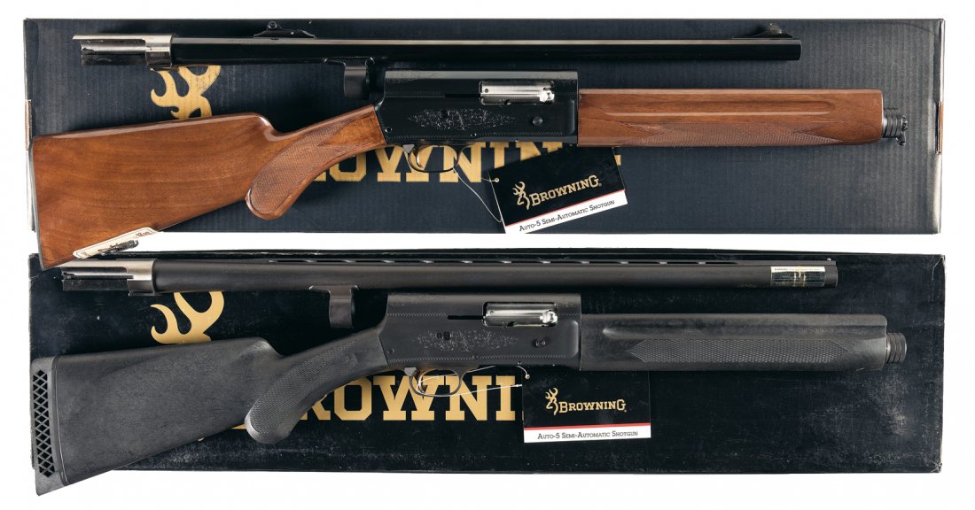 Two Boxed Browning Auto 5 Semi-Automatic Shotguns: Manufactured in Japan in 1996. Adjustable sights on a 2 3/4 inch chambered, cylinder bore barrel. Standard markings and Grade I lightly engraved receiver with script "Light Twelve", "BROWNING/John Bro