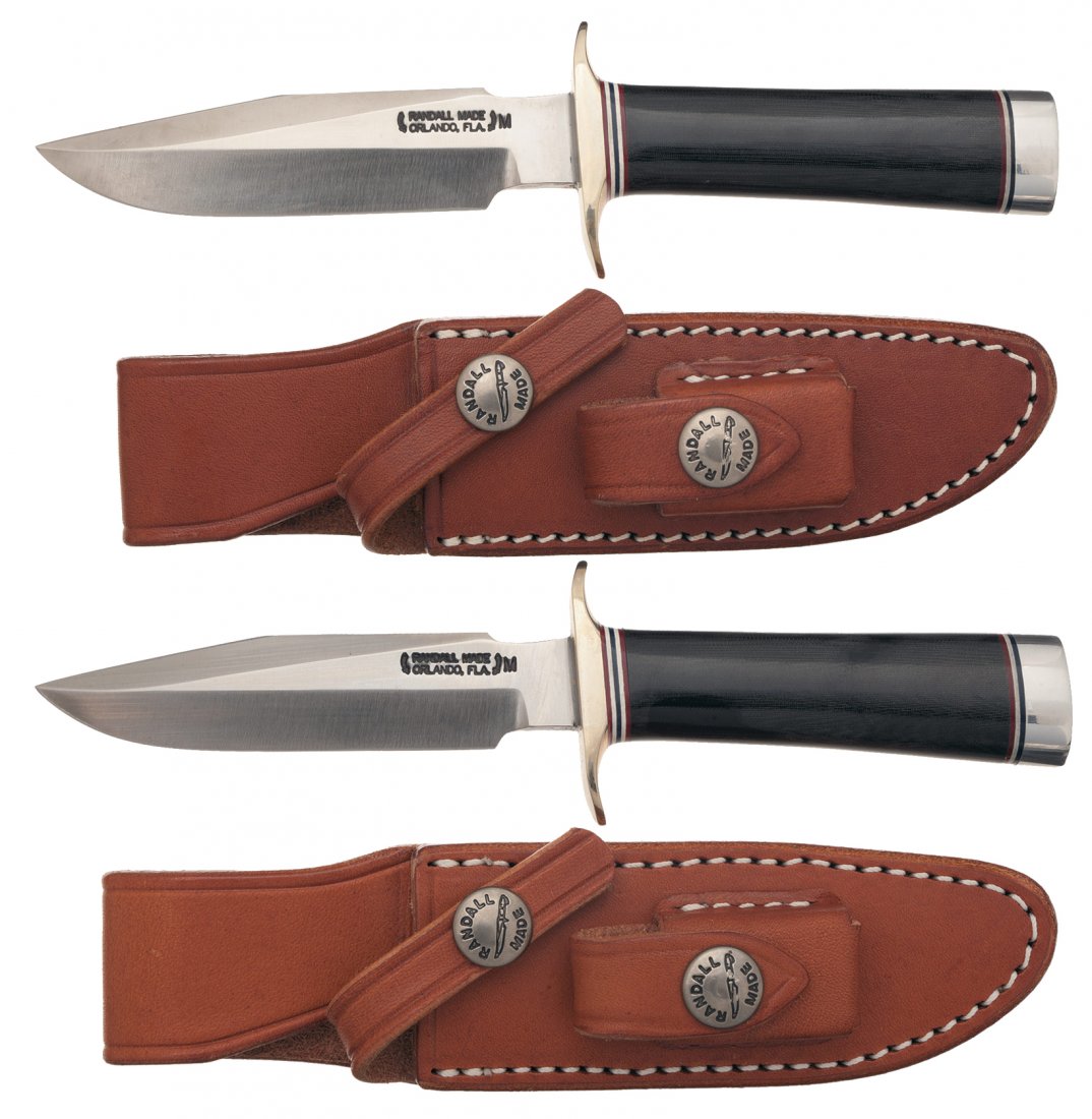Two Consecutively Serialized Randall Model 1 Mini: This lot consists of two consecutively serialized Randall Model 1 miniature knives (1135 and 1134). Each knife has a 3 1/2 inch blade marked with the two line Orlando "M" address, and micarta handle. 