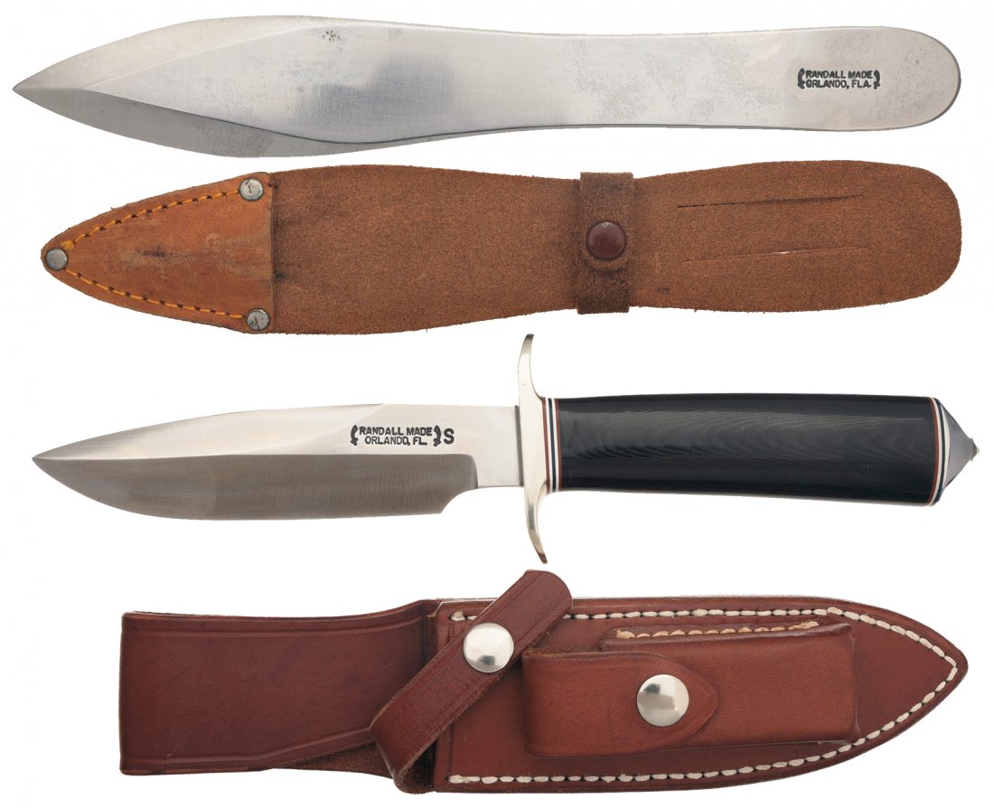One Randall Combat Companion Knife and a Randall: 1) Randall Model 9 Pro-Thrower, OAL 9 3/4 inches, 1 3/8 inches wide. A leaf shaped blade and the Orlando address stamp at the rear. With an unmarked brown leather sheath. 2) Randall Combat Companion f