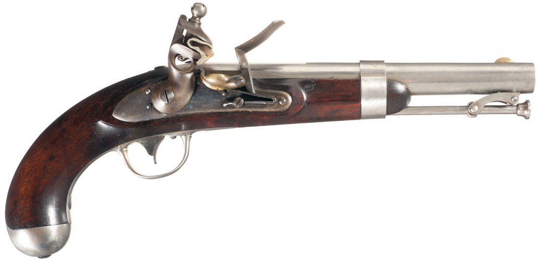 Exceptional U.S. Johnson Model 1836 Flintlock Pis: This exceptional unissued U.S. Model 1836 Flintlock Pistol was manufactured by Robert Johnson of Middletown, Connecticut in 1841. The pistol has a round barrel with brass front sight blade and swivel-