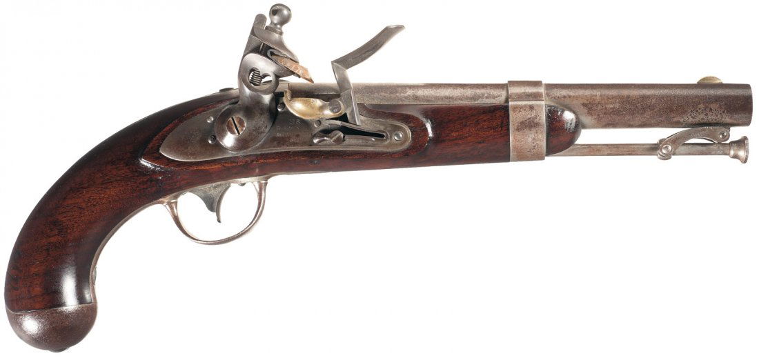 U.S. Model 1836 Johnson Flintlock Pistol: This U.S. Model 1836 flintlock pistol was manufactured in 1842 by Robert Johnson of Middletown, Connecticut. The barrel and iron furniture are finished "National Armory Bright". The lock has a casehar