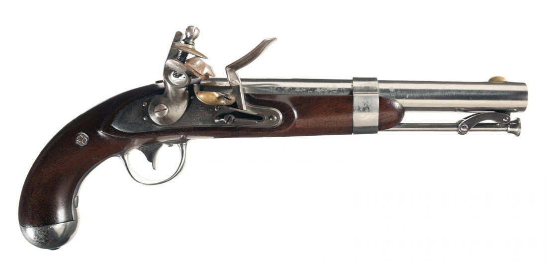 U.S. R. Johnson Model 1836 Flintlock Pistol: Manufactured from 1836 to 1844 by Robert Johnson of Middletown, Connecticut, with this example produced in 1842. Brass blade front and groove rear sights, with "US./JH/P" on top of the breech. The loc