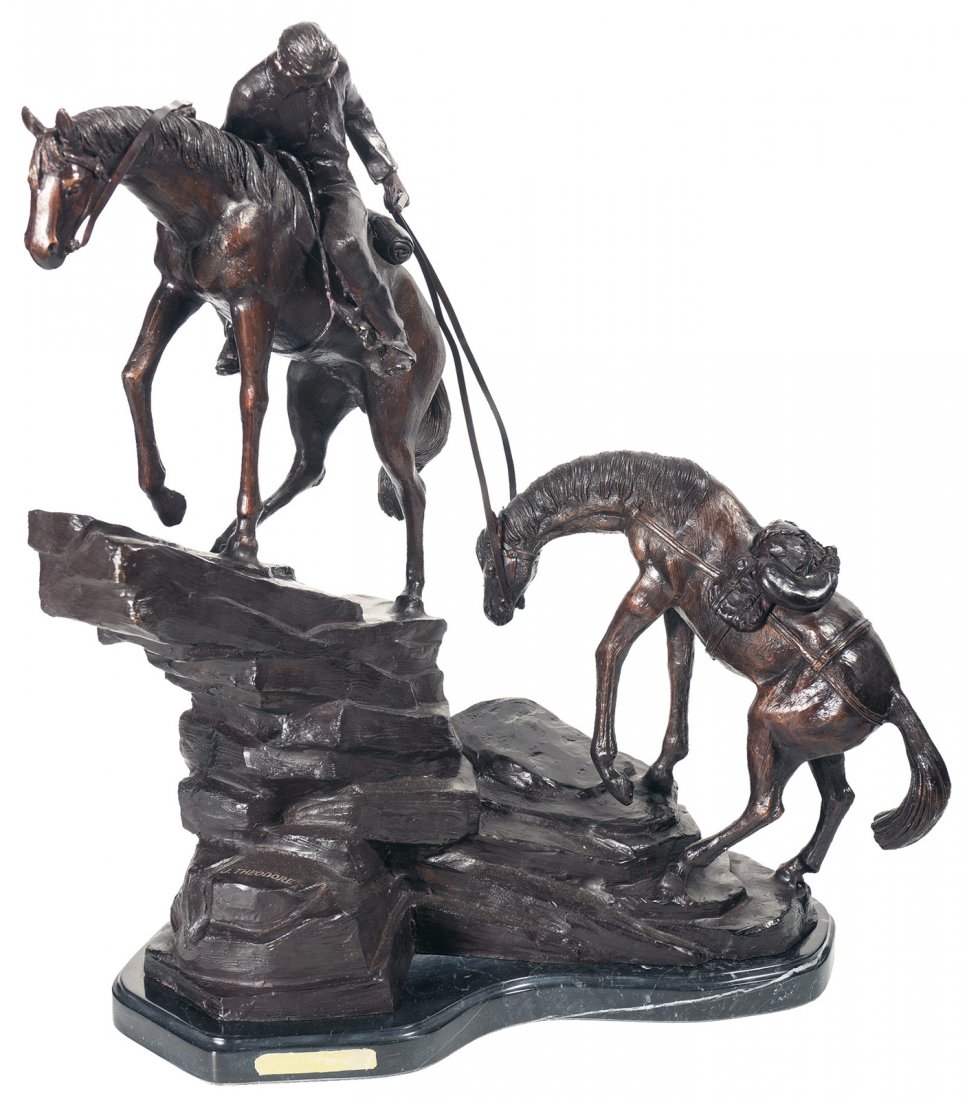 "Going Home" Bronze Sculpture by Theodore: Great massive bronze that depicts rider on horseback going up a rocky mountain dragging a supply horse with him. Signed with a marble base. Measures 24 inches wide x 26 1/2 inches tall x 14 inches dee
