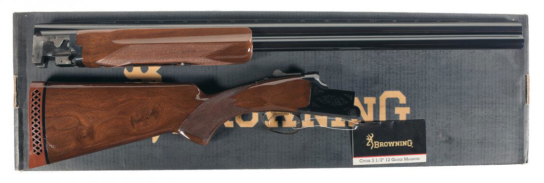 Browning Citori Field Grade Hunter Over/Under Sho: Single bead sight on a matte vent rib, 3 1/2 inch chambers with Invector Plus choke system. Standard receiver markings with floral scroll pattern. Length of pull is 14 1/4 inches. Mounted with a gloss