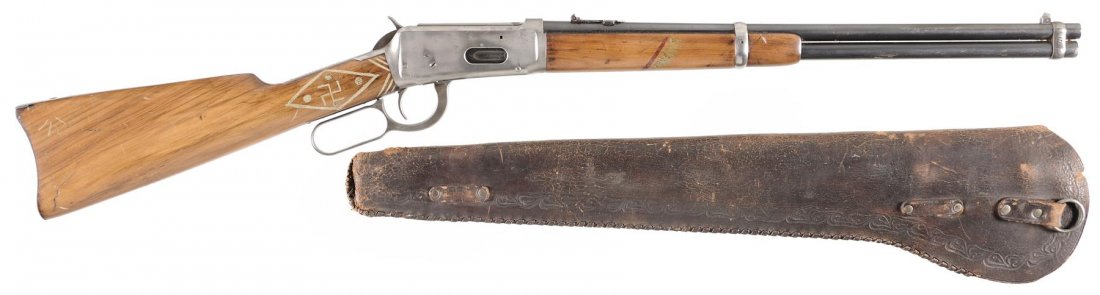 Winchester Model 1894 Lever Action Carbine with Saddle: Winchester Model 1894 Lever Action Carbine with Saddle Scabbard Manufactured in 1910. Manufacturer: Winchester Model: 1894-Carbine BBL: 20 inch round Stock: walnut Gauge: 25-35 WCF Finish: blue Grips: