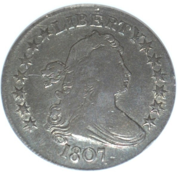 1807 US Draped Bust Half ANACS Fine Details: 1807 US Draped Bust Half ANACS Fine Details Net VG8 Scratched Cleaned. Although cleaned according to ANACS, this Draped Bust Half has nice Obverse and Reverse details. As indicated by ANACS, there are