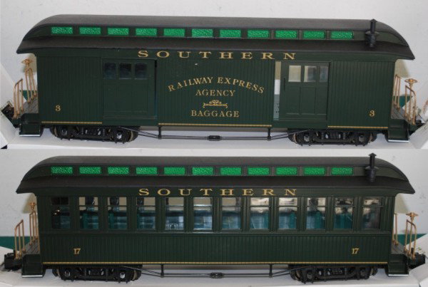 2 SRR Suwannee River Overton Cars Bachmann G Scale: This Lot contains 2 Southern Suwannee River Overton Passenger Cars Bachmann G Scale still in Postal boxes as shipped from the company. The Bachmann Passenger Cars include No. 97404M 4-Door Baggage Sou